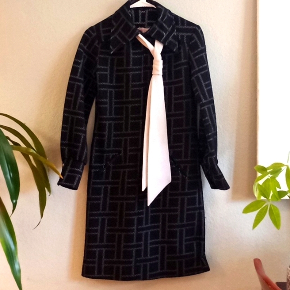 College Girl Vintage 60s Retro Geometric Print Zip Collar Shift Collared Dress